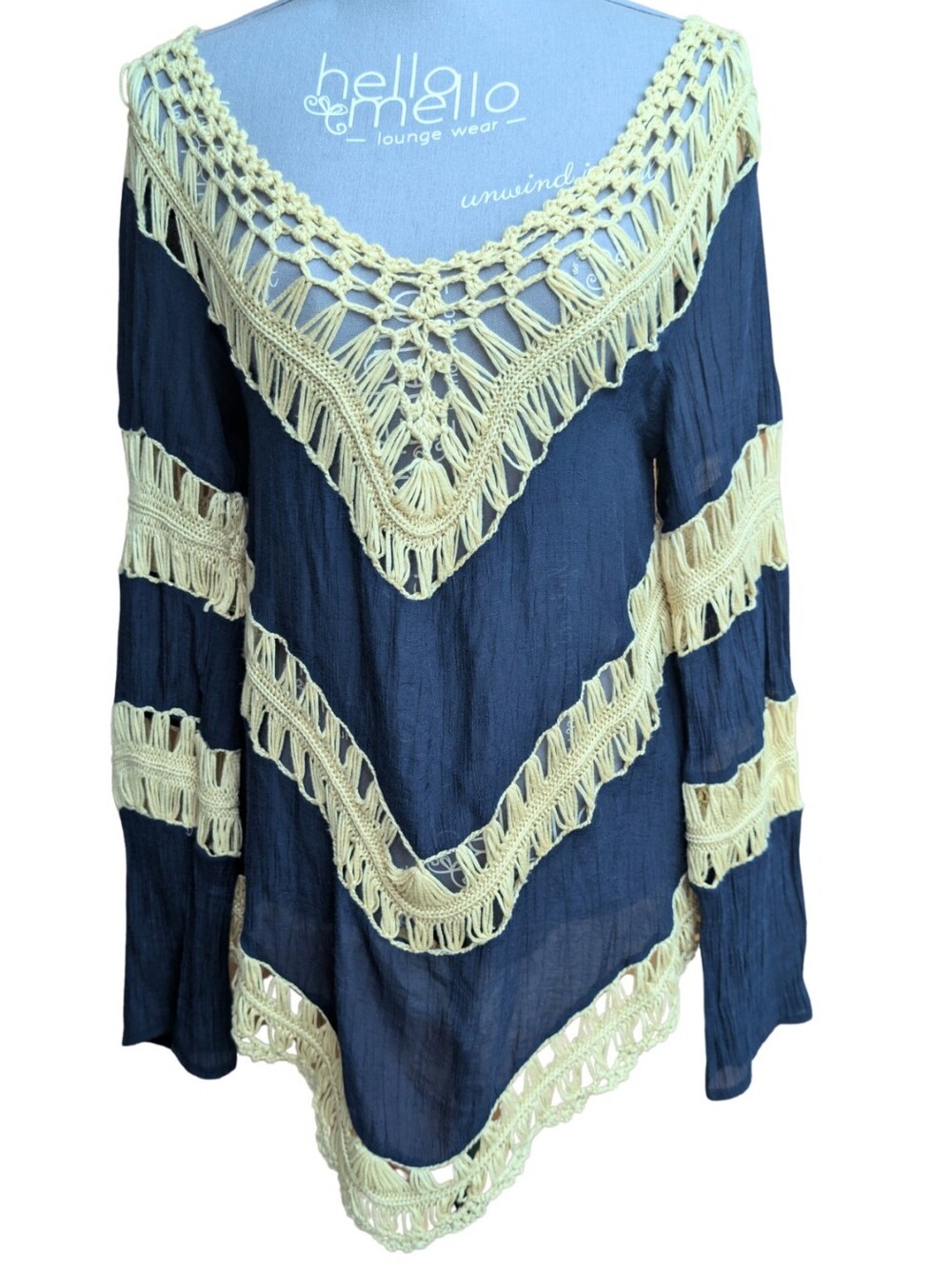 Umgee Navy Blue Cream Crochet Fringe Chevron Boho Tunic Blouse Oversized Top S